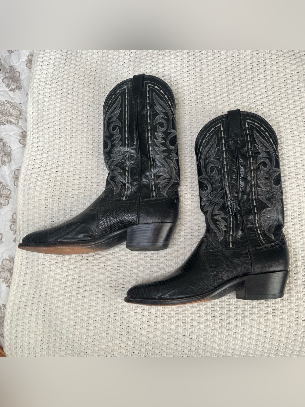 VINTAGE DAN POST Black Teju Lizard Cowboy Boots 16830 MEN 9.5 D Festival Country